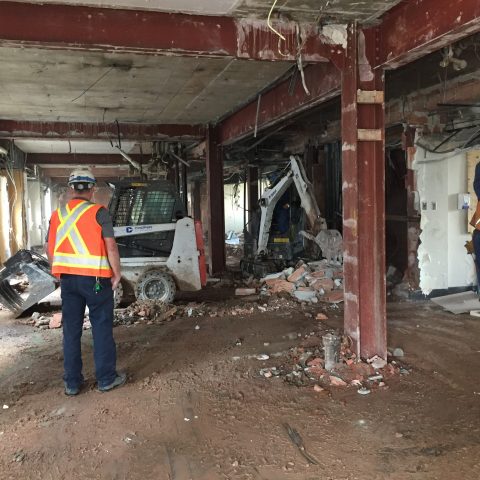 Interior stripping of the building before structural demolition; light weight equipment and adequately protected workes used