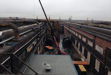 Partial aerial view of two pot room buldings of the old Shawinigan aluminium smelter