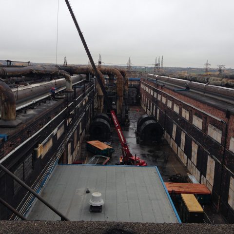 Partial aerial view of two pot room buldings of the old Shawinigan aluminium smelter