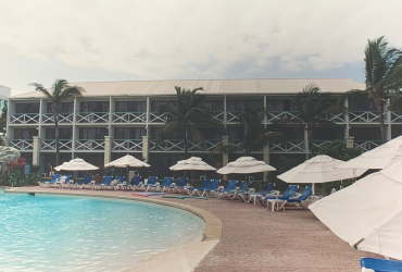 View of a hotel section showing the swimming pool, before demolition