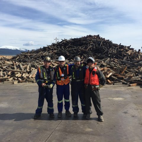 Vue de quatre employés debout côte-à-côte devant une pile de métaux ferreux avec sommet de montagne enneigé en arrière-fond.